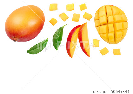 Mango fruit and half with slices isolated on white background with copy space for your text. Top 50645341