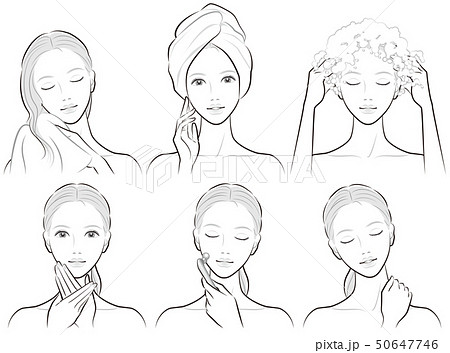 ヘアケアとスキンケアをしている女性のイラストのイラスト素材