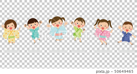 子供が男女6人 浴衣や甚平を着て元気にジャンプのイラスト素材