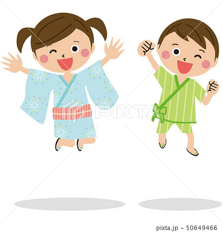 子供が男女2人 浴衣や甚平を着て元気にジャンプ1のイラスト素材