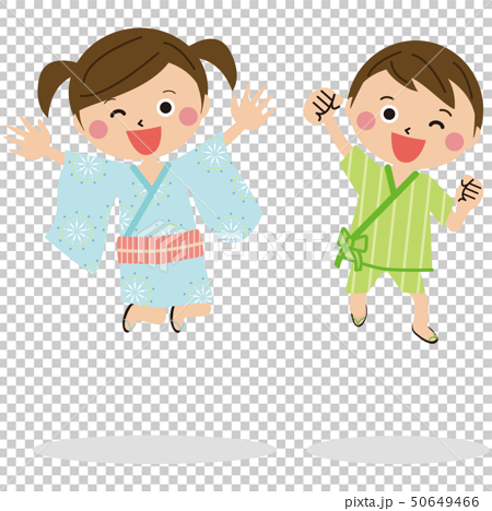 子供が男女2人 浴衣や甚平を着て元気にジャンプ1のイラスト素材