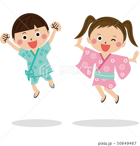子供が男女2人 浴衣や甚平を着て元気にジャンプ2のイラスト素材