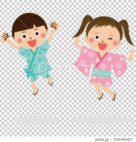子供が男女2人 浴衣や甚平を着て元気にジャンプ2のイラスト素材