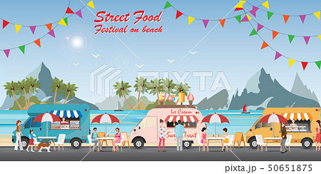 Street food truck festival on beach. Street food truck festival on beach. 50651875