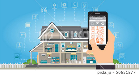 Smart home with hand holding smartphone. Smart home with hand holding smartphone. 50651877
