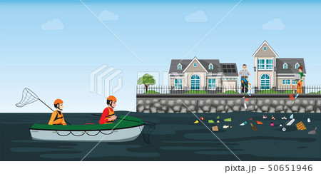 Male volunteers scavenge from river on boat. 50651946