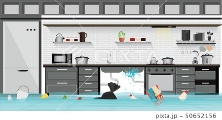 Interior flooded basement flooring of kitchen with 50652156