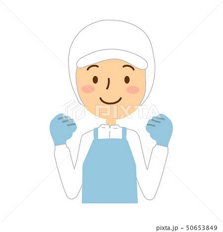 食品衛生白作業服青エプロン女性一人両手でガッツポーズのイラスト素材