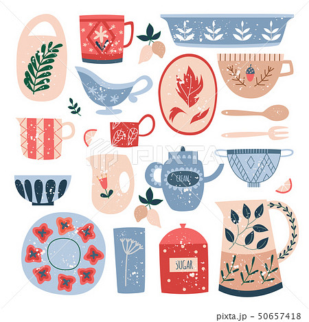 Set of ceramic kitchen utensils in flat cartoon style Set of ceramic kitchen utensils in flat cartoon style 50657418