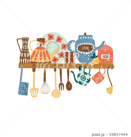 Shelf with ceramic tableware and hanging kitchen tools flat cartoon style 50657444