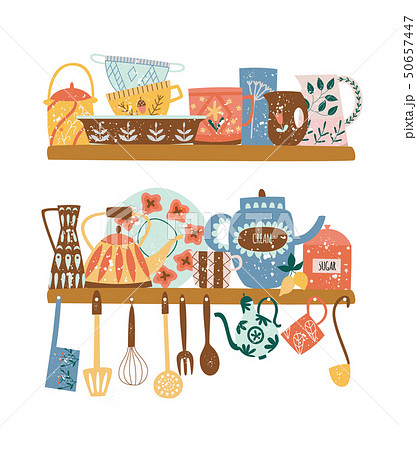 Two shelves with ceramic tableware and hanging kitchen tools flat cartoon style Two shelves with ceramic tableware and hanging kitchen tools flat cartoon style 50657447