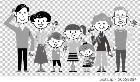 ファミリー 三世代 モノクロ イラストのイラスト素材