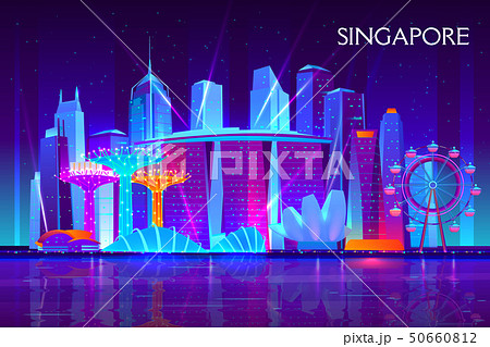 Singapore night cityscape neon vector background 50660812