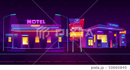 Night roadside motel with parking and oil station. 50660849