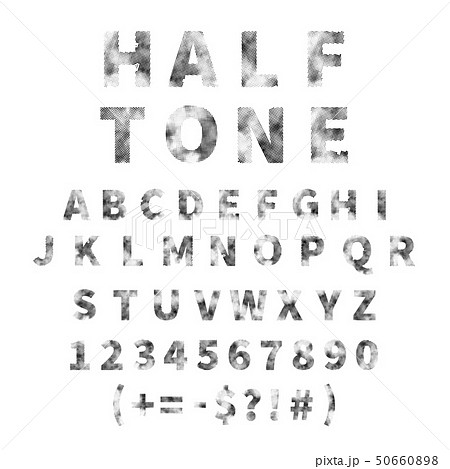 Set of black grunge halftone pattern font on white 50660898