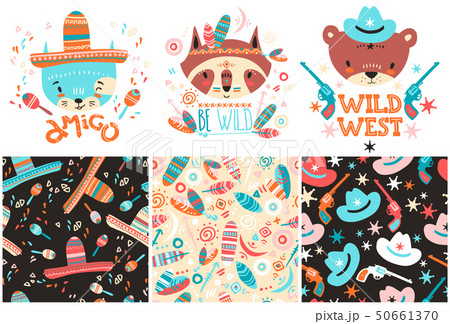 Cute baby animals and seamless patterns. Hand drawn vector illustration 50661370