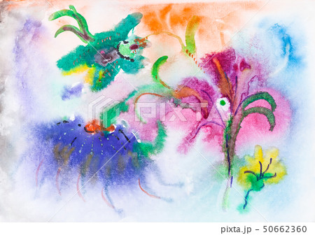 abstract colorful flowers on meadow by watercolors 50662360