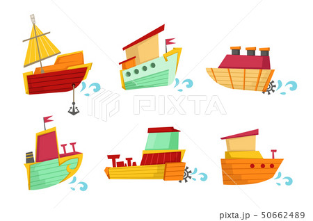Flat vector set of small wooden boats with cute faces. Sea transport. Elements for children book 50662489