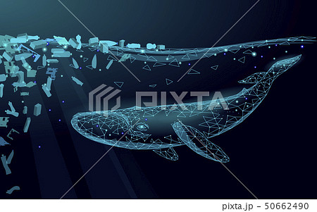 Low poly 3D whale plastic ocean pollution swimming undersea. Water surface dark night glowing wave 50662490