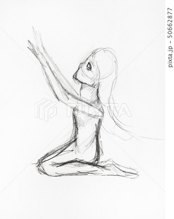 praying woman on knees hand drawn by black pencil 50662877