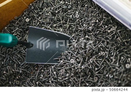 Metal shovel, pours a lot of black small screws for repair and fasteners in the box close-up. Metal shovel, pours a lot of black small screws for repair and fasteners in the box close-up. 50664244