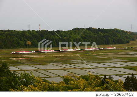 モノサクの大俯瞰　車体を夕陽に煌かせながら水田地帯を走る特急成田エクスプレス 50667415
