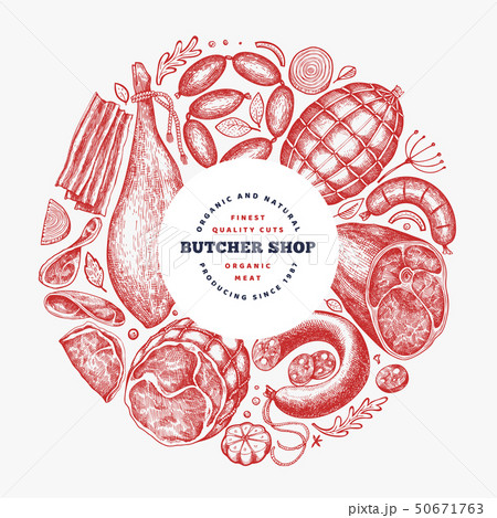 Vintage vector meat products design template. Hand Vintage vector meat products design template. Hand 50671763