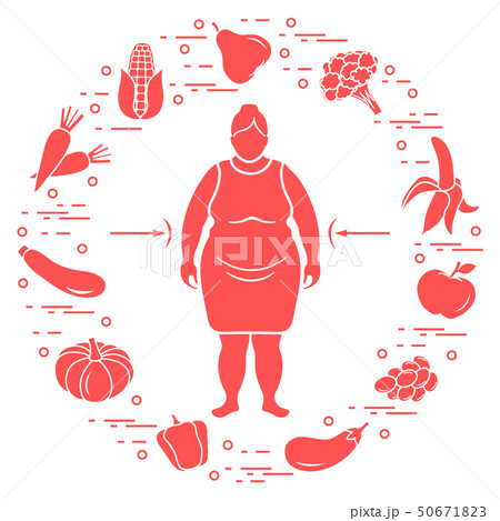 Fat woman with healthy food around her Healthy 50671823