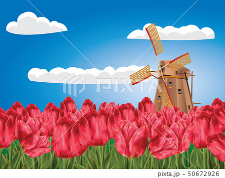 Windmill And Tulipsのイラスト素材