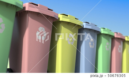 Row of trash containers for different kinds of recycled garbage. 3D rendering Row of trash containers for different kinds of recycled garbage. 3D rendering 50676305