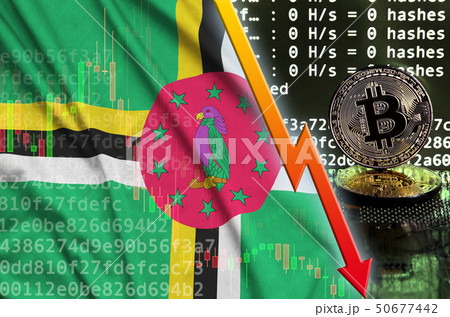 Dominica flag and falling red arrow on bitcoin Dominica flag and falling red arrow on bitcoin 50677442