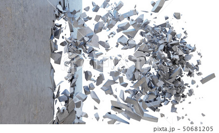 Concrete wall shatters into thousands of small pieces. Cracked earth, abstract background. Explosion Concrete wall shatters into thousands of small pieces. Cracked earth, abstract background. Explosion 50681205