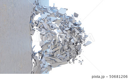 Concrete wall shatters into thousands of small pieces. Cracked earth, abstract background. Explosion 50681206
