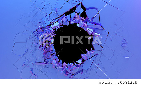 Broken wall dark pastel-violet color. Wall shatters into thousands of small pieces. Abstract 50681229