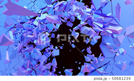 Broken wall dark pastel-violet color. Wall shatters into thousands of small pieces. Abstract 50681239