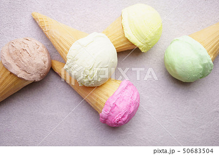 Set of various ice cream scoops in waffle cones 50683504