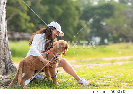 Asian lifestyle woman playing with golden retrieve Asian lifestyle woman playing with golden retrieve 50685812