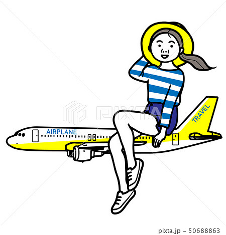 飛行機に乗って旅に出る女性のイラスト素材