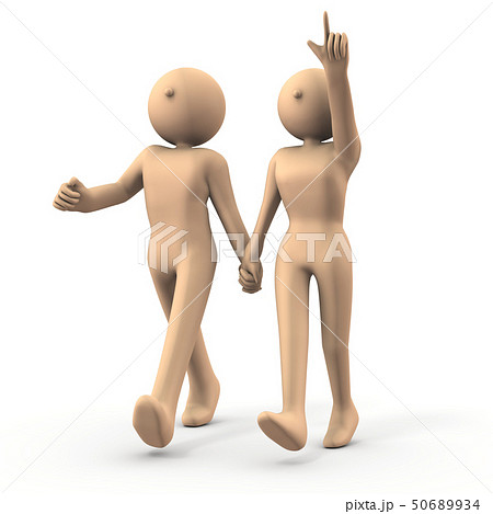 手を繋いで歩くカップルを描いたレンダリングイラストのイラスト素材