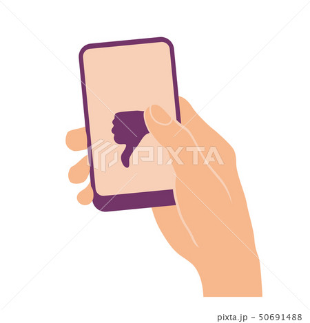 Hand holding smart phone with thumb down Hand holding smart phone with thumb down 50691488