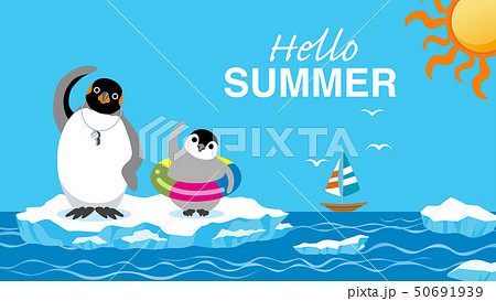 準備体操をするペンギンの親子 夏 南極 文字付き Hello Summer のイラスト素材
