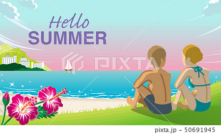 夕日を眺めるカップル 夏のビーチ 文字付き Hello Summer のイラスト素材