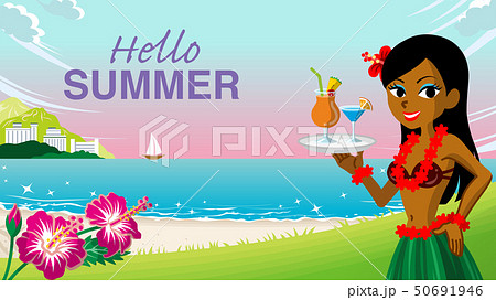 冷たいドリンクを持つフラガール、ビーチ背景 - 文字付き "Hello Summer" 50691946