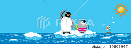 準備体操をするペンギンの親子 夏 南極 横長のイラスト素材