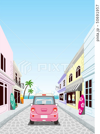夏の街をドライブするピンク色の自動車 背面のイラスト素材