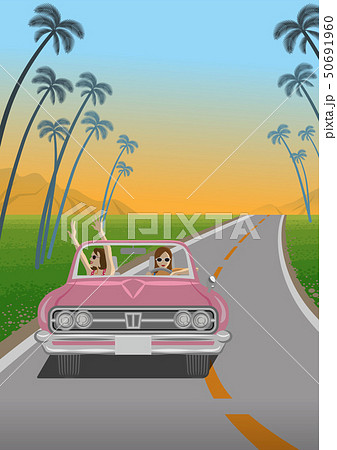 ピンクのオープンカーでドライブを楽しむ若い二人の女性のイラスト素材