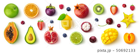 Assortment of different fruits and berries, flat lay, top view Assortment of different fruits and berries, flat lay, top view 50692133