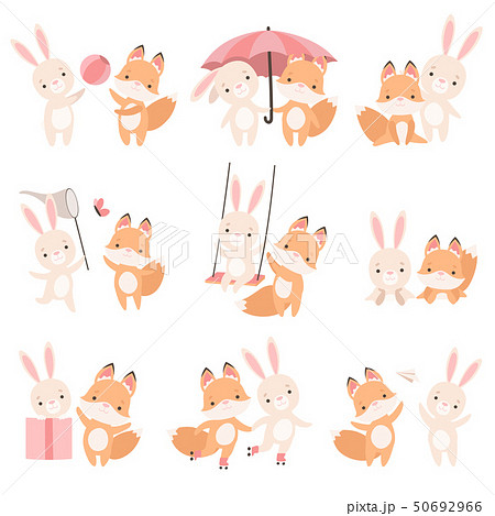 Lovely White Little Bunny and Fox Cub Playing...のイラスト素材 ...