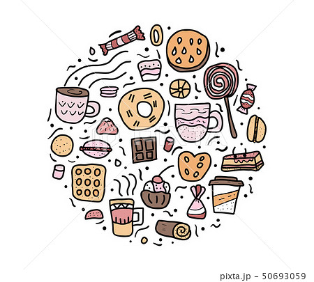 Dessert vector set elements in doodle style.  50693059