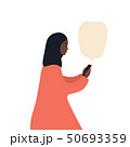 Beautiful african-american woman in a hijab with a smartphone, flat vector illustration on white 50693359